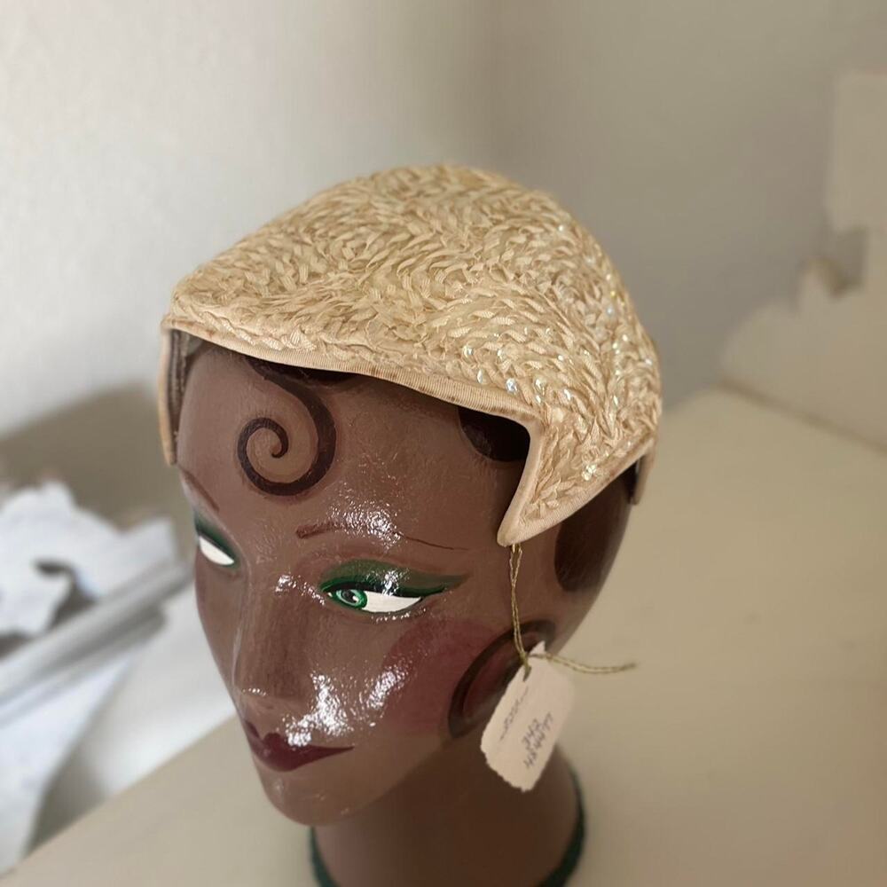 Felice Fashions Cap Cream Aurora Structured Sequined Hat Sculpted Wing Design